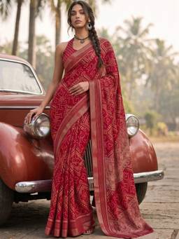 SATRANI - Chiffon Red Printed Bandhani Saree
