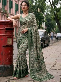 SATRANI - Chiffon Green Printed Woven Saree
