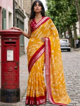 SATRANI - Cotton Linen Yellow Floral Printed Saree