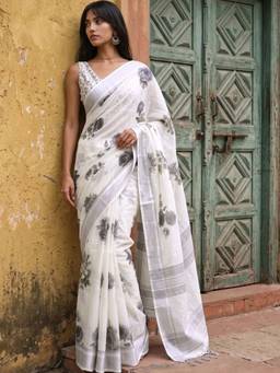 SATRANI - Linen Off White Floral Printed Saree