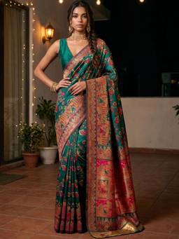 SATRANI - Silk Teal Floral Printed Saree