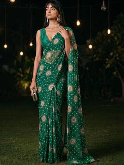 SATRANI - Chiffon Green Printed Bandhani Saree