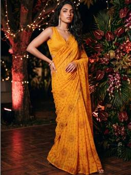 SATRANI - Chiffon Yellow Printed Bandhani Saree