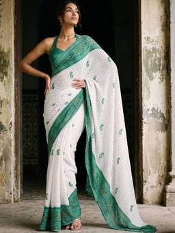 SATRANI - Georgette White Printed Bandhani Saree
