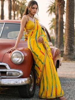SATRANI - Georgette Yellow Stripes Printed Saree