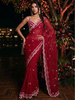 SATRANI - Tissue Red Embroidered Embellished/Sequined Saree