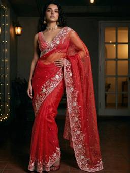 SATRANI - Organza Red Embroidered Embellished/Sequined Saree
