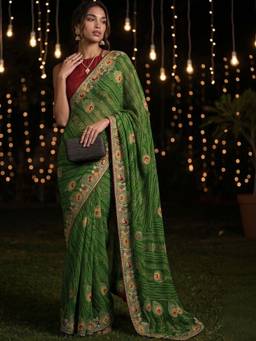 SATRANI - Georgette Green Printed Bandhani Saree