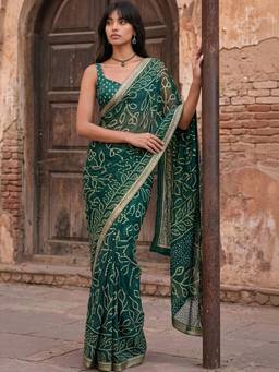 SATRANI - Georgette Green Printed Bandhani Saree