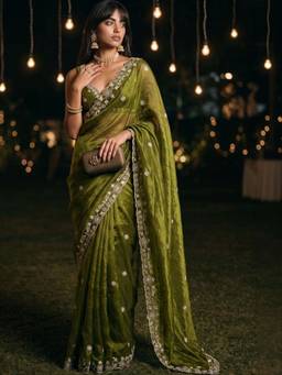 SATRANI - Tissue Olive Embroidered Embellished/Sequined Saree