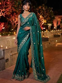 SATRANI - Tissue Green Embroidered Embellished/Sequined Saree