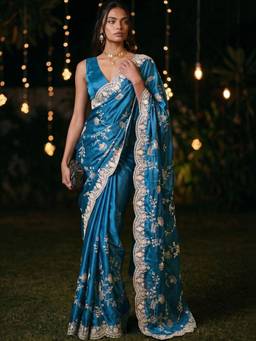 SATRANI - Satin Teal Embroidered Embellished/Sequined Saree