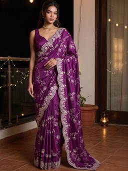 SATRANI - Satin Purple Embroidered Embellished/Sequined Saree