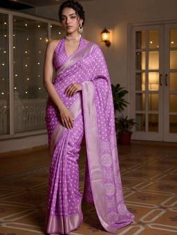 SATRANI - Silk Blend Lavender Printed Bandhani Saree