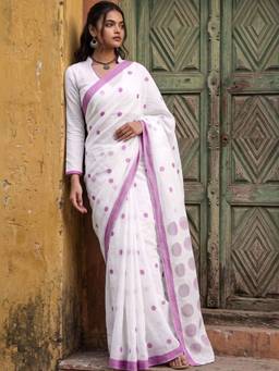 SATRANI - Linen White Polka Dots Printed Saree