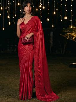 SATRANI - Satin Red Embroidered Beads and Stones Saree