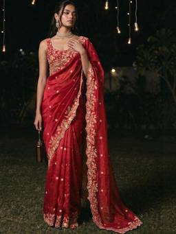 SATRANI - Tissue Red Embroidered Embellished/Sequined Saree