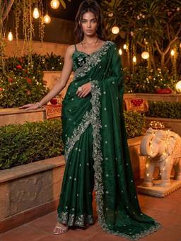 SATRANI - Tissue Green Embroidered Embellished/Sequined Saree
