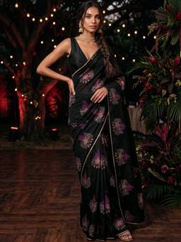 SATRANI - Silk Blend Black Floral Printed Saree