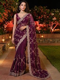 SATRANI - Tissue Purple Embroidered Embellished/Sequined Saree