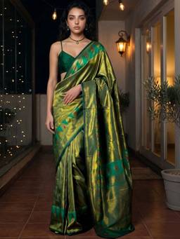 SATRANI - Silk Green Self Design Printed Saree