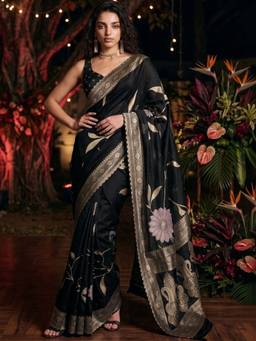 SATRANI - Silk Black Floral Woven Saree