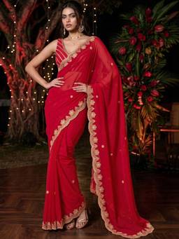 SATRANI - Tissue Red Embroidered Embellished/Sequined Saree