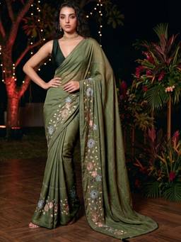 SATRANI - Georgette Olive Floral Embroidered Saree