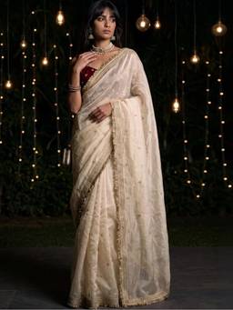 SATRANI - Tissue Off White Embroidered Embellished/Sequined Saree