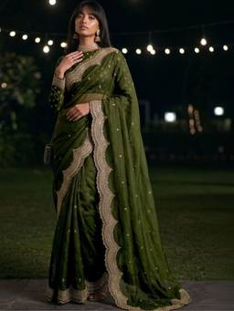 SATRANI - Georgette Olive Embroidered Embellished/Sequined Saree