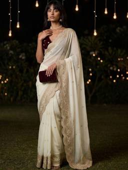 SATRANI - Georgette Ivory Embroidered Embellished/Sequined Saree