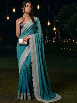 SATRANI - Georgette Teal Embroidered Embellished/Sequined Saree