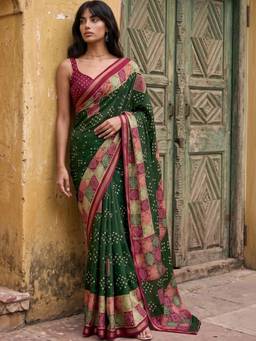 SATRANI - Cotton Blend Green Printed Bandhani Saree