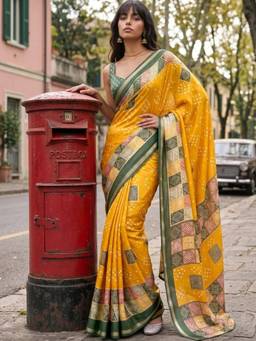 SATRANI - Cotton Blend Yellow Printed Bandhani Saree