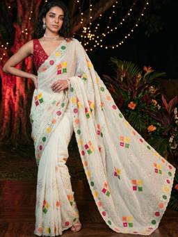 SATRANI - Tissue White Embroidered Embellished/Sequined Saree