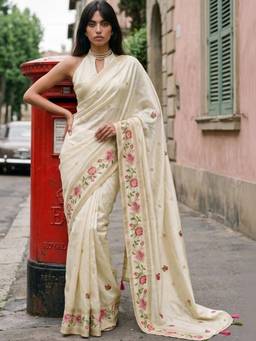 SATRANI - Silk Ivory Embroidered Thread Work Saree
