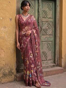 SATRANI - Georgette Mauve Floral Printed Saree