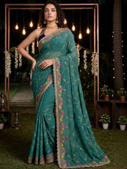 SATRANI - Georgette Green Embroidered Thread Work Saree