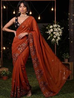 SATRANI - Silk Rust Embroidered Thread Work Saree