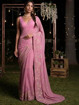SATRANI - Georgette Pink Embroidered Embellished/Sequined Saree