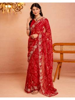 SATRANI - Georgette Red Embroidered Bandhani Saree