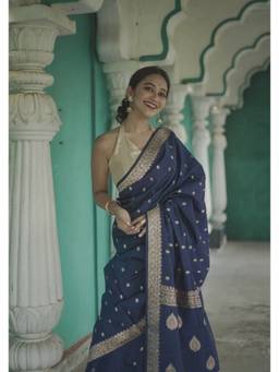 FLOSIVE - Navy Blue Banarasi Kanjivaram Cotton Silk Zari Embellished Saree
