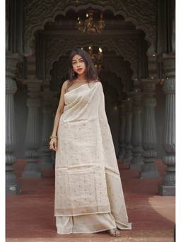 FLOSIVE - Off White Banarasi Kanjivaram Cotton Silk Zari Embellished Saree