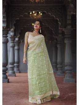 FLOSIVE - Green Banarasi Kanjivaram Cotton Silk Zari Embellished Saree