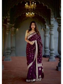 FLOSIVE - Purple Banarasi Kanjivaram Cotton Silk Zari Embellished Saree
