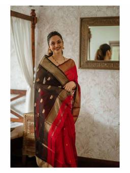 FLOSIVE - Red Women’s Red Black Banarasi Cotton Silk Saree with Zari Border