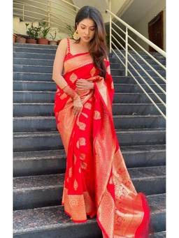 FLOSIVE - Red Golden Zari Weaving Jacquard Soft Lichi Silk Saree
