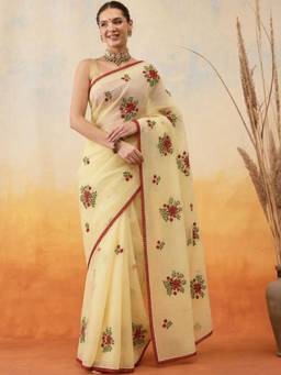 Doria Lifestyle - Yellow Lace Embroidered Kota Saree