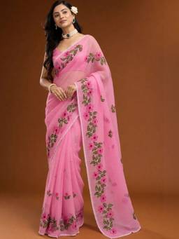 Doria Lifestyle - Pink Floral Embroidered Kota Saree