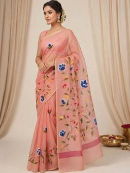 Doria Lifestyle - Peach Floral Print Kota Saree